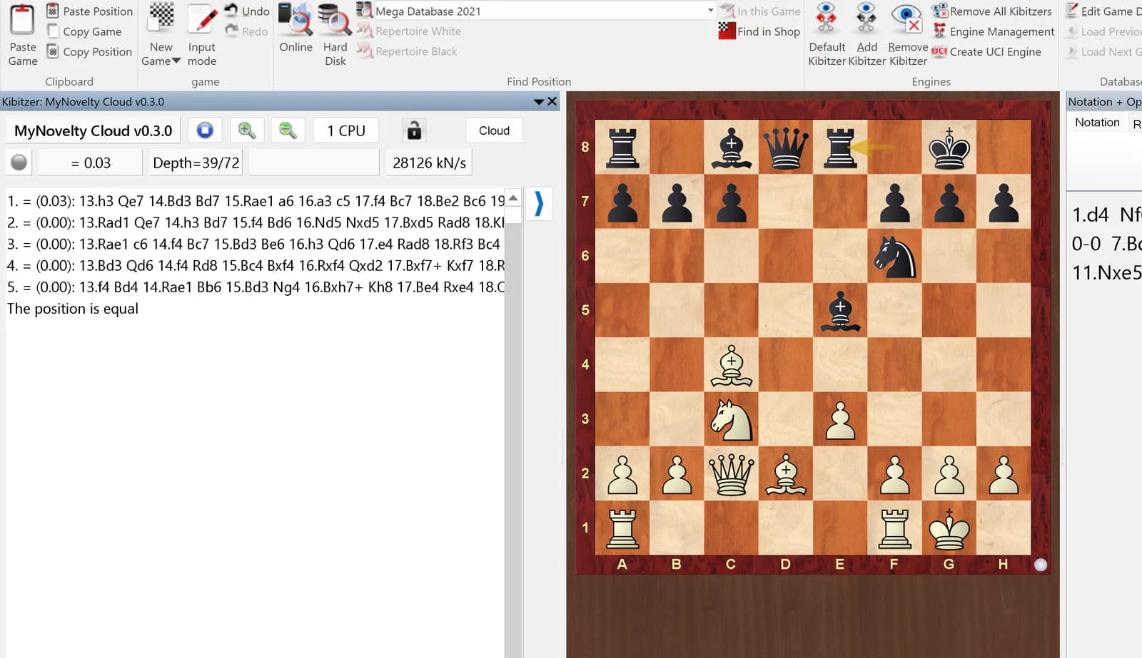 ChessBase analysis board showing MyNovelty Cloud lines and depth