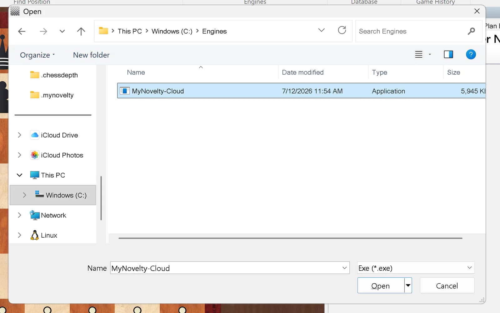 Windows file picker open to C:\Engines with MyNovelty-Cloud.exe selected