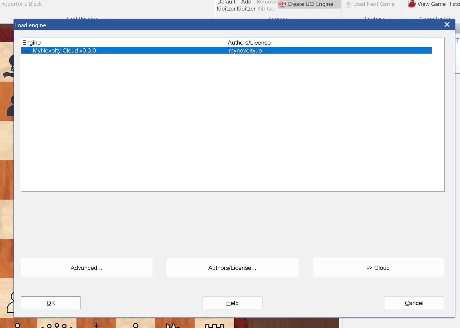 ChessBase engine picker with MyNovelty Cloud selected